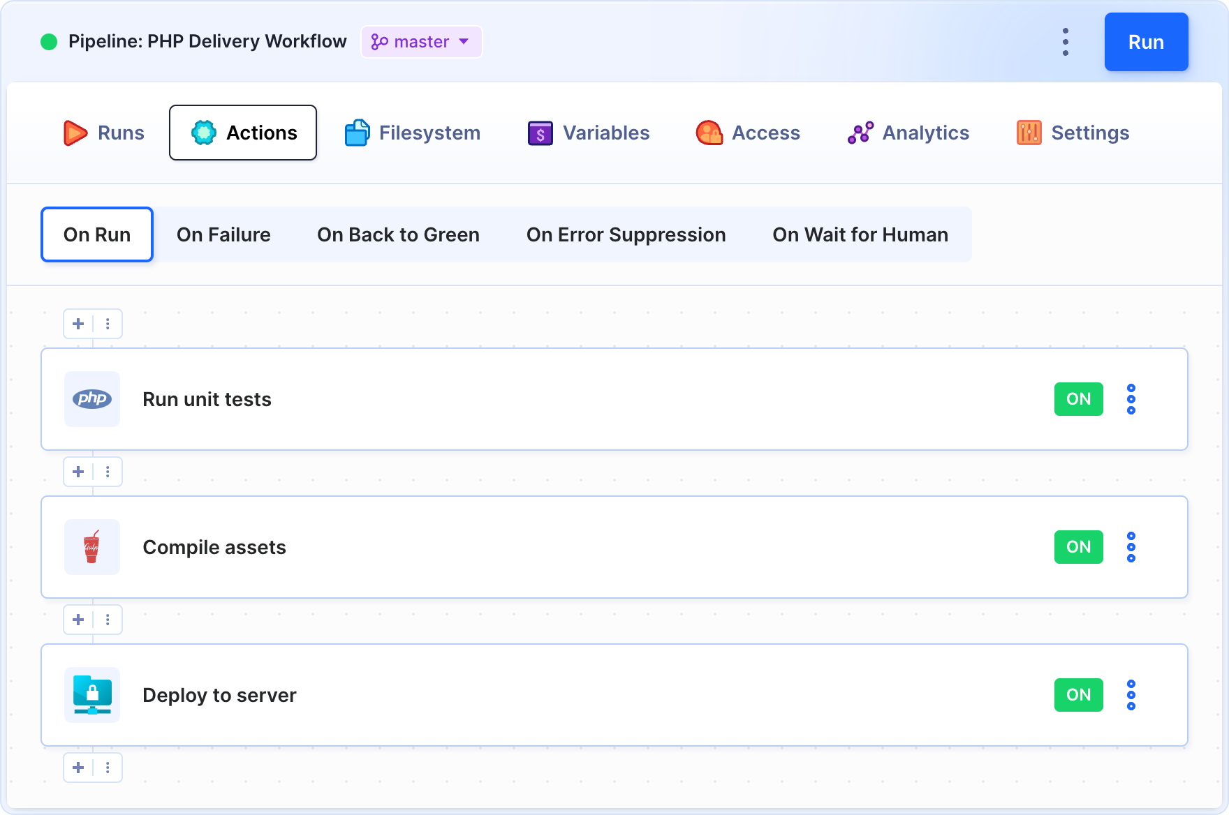 Buddy visual pipeline editor — Run tests, Compile assets, Deploy to server