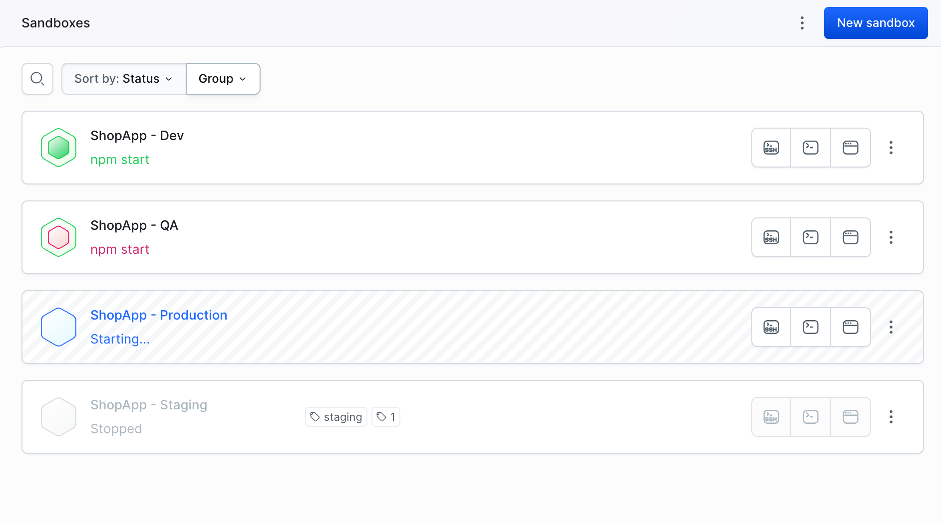 Buddy Sandboxes dashboard showing ShopApp Dev, QA, Production and Staging environments