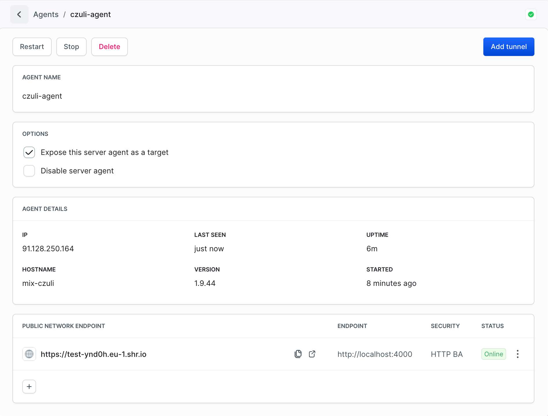 Buddy Server Agent detail showing agent name, IP, uptime, and expose-as-target option