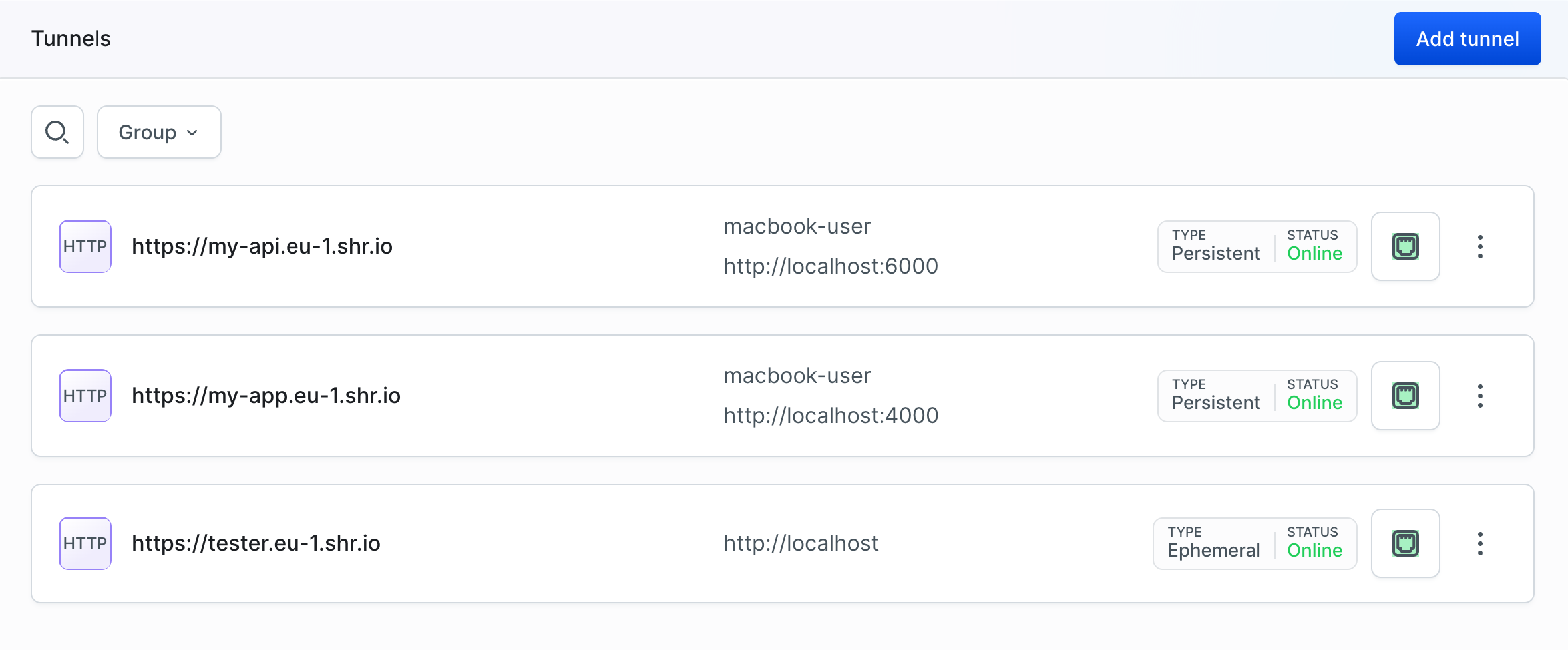 Buddy Tunnels list showing persistent and ephemeral HTTP tunnels all Online