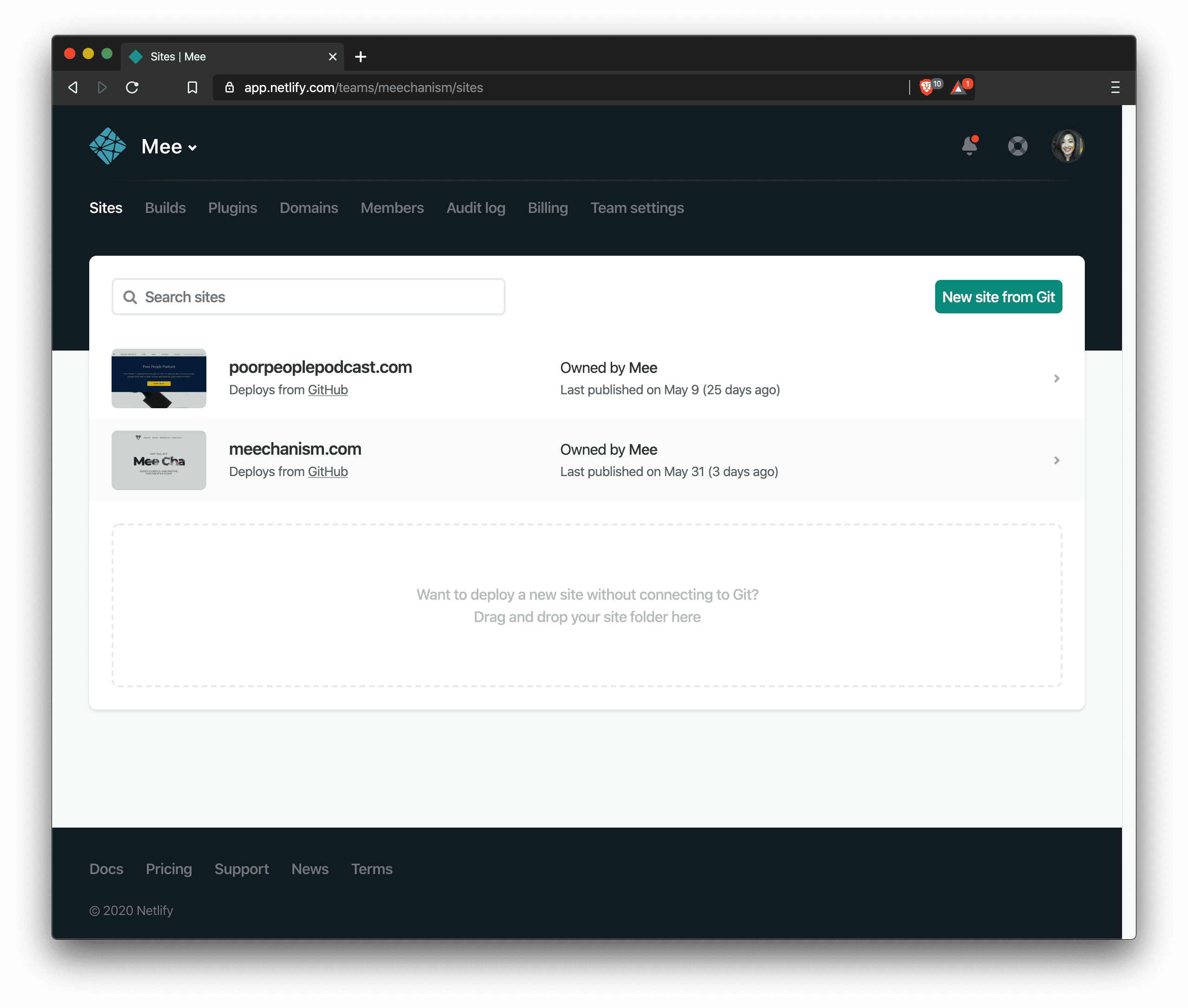 Netlify sites dashboard