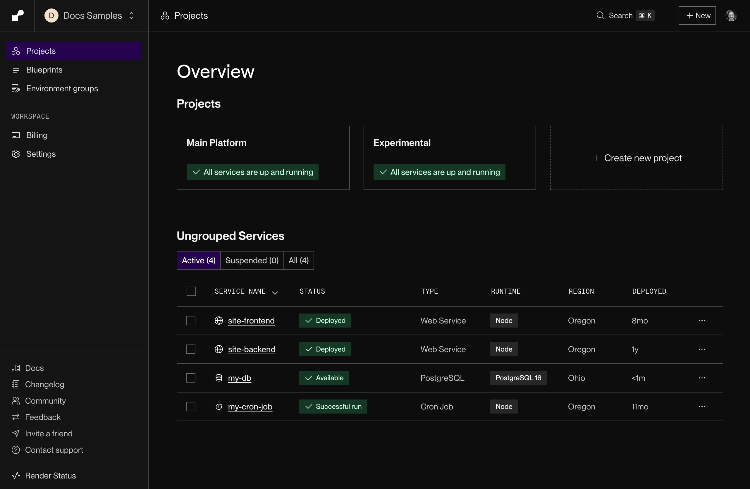 Render projects overview with web services, database, and cron job